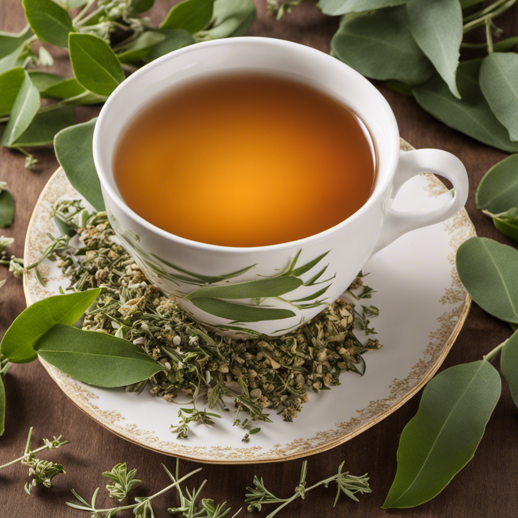An image showcasing a steaming cup of aromatic herbal tea, infused with eucalyptus, thyme, and ginger, surrounded by vibrant green leaves