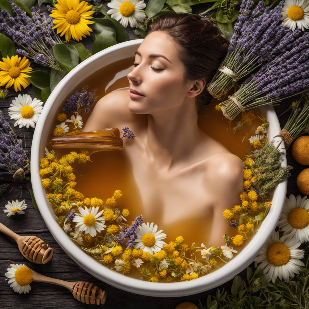 An image showcasing a serene scene of a person immersed in a warm herbal tea bath, surrounded by colorful botanicals such as chamomile, lavender, and eucalyptus leaves, soothing their muscle pain and achiness