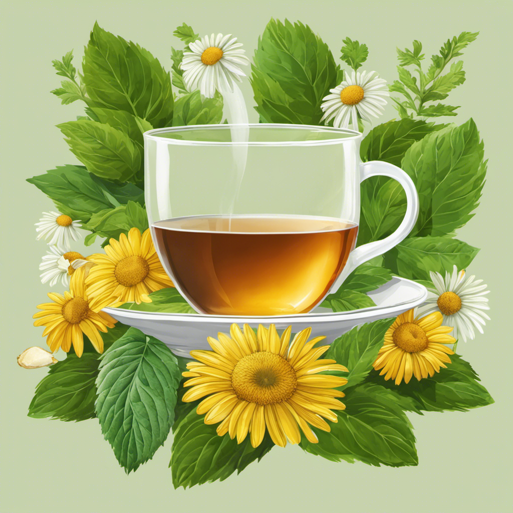 An image showcasing a steaming cup of chamomile tea, adorned with soothing mint leaves and a slice of fresh ginger
