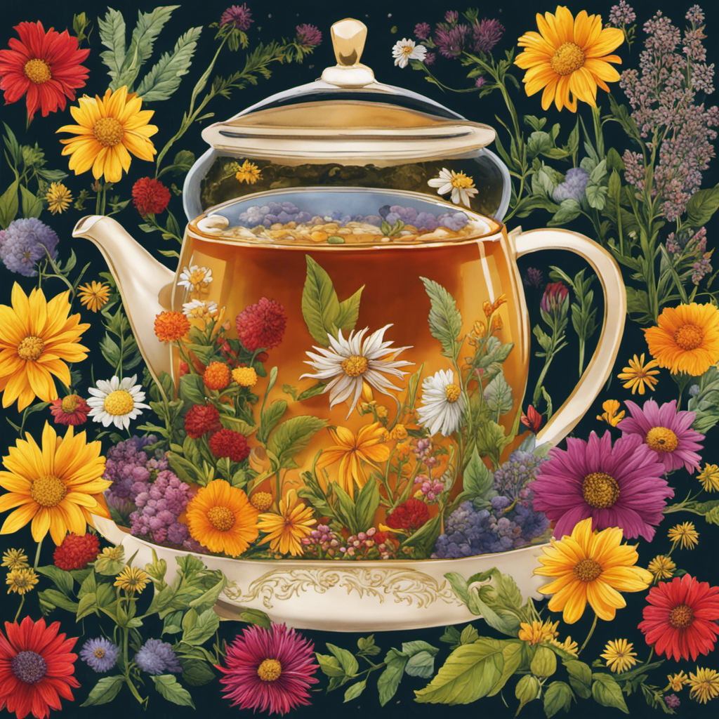 An image showcasing a steaming cup of herbal tea, bursting with vibrant colors and filled with an assortment of probiotic-rich ingredients like ginger, turmeric, and chamomile, surrounded by blooming flowers and fresh herbs
