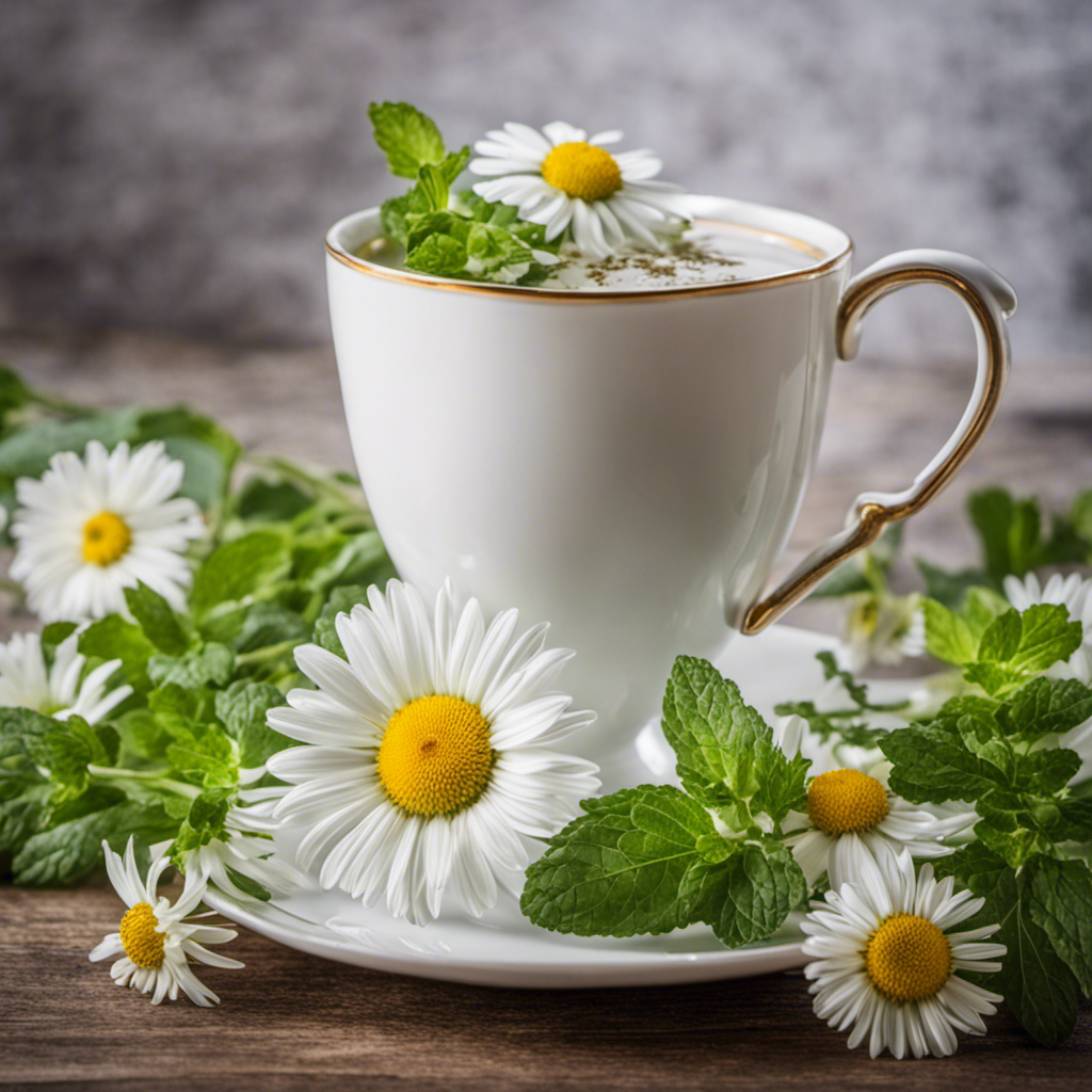 An image showcasing a serene setting with a delicate white teacup filled with soothing chamomile herbal tea, surrounded by fresh mint leaves and a sprig of dandelion, symbolizing natural relief for gallbladder pain