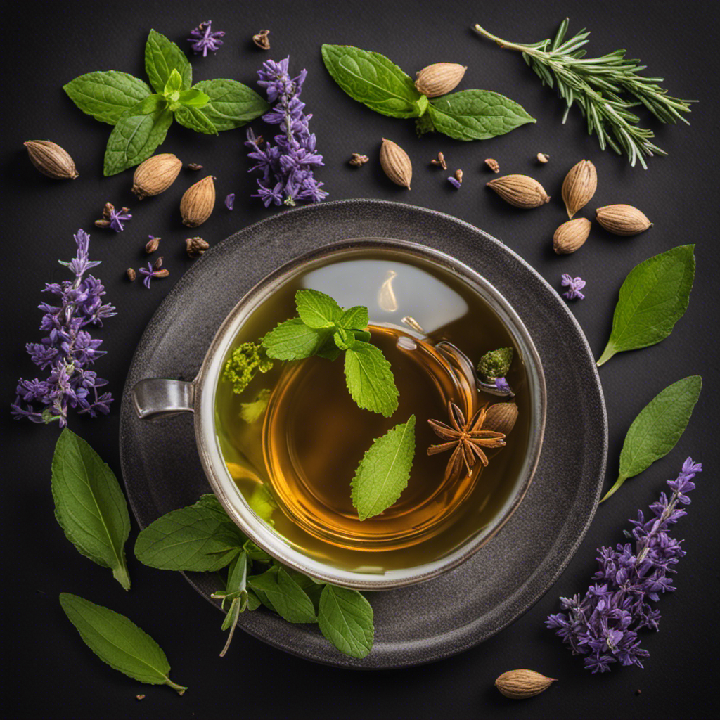 An image showcasing a steaming cup of cardamom tea surrounded by a vibrant assortment of fresh herbs like mint leaves, lavender sprigs, and rosemary, enhancing the visual appeal of a perfect herbal tea blend