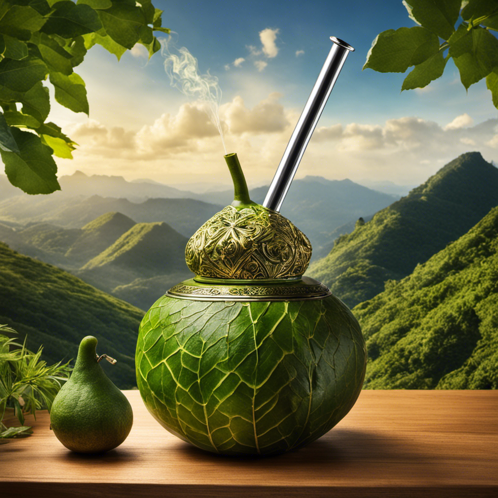 An image showcasing a traditional gourd filled with vibrant green yerba mate leaves, accompanied by a metal straw (bombilla) immersed in the infusion, emitting wisps of steam, against a backdrop of lush South American landscapes