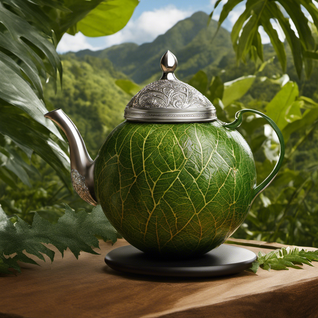 An image that showcases the vibrant green leaves of Yerba Mate tea gently steeping in a traditional gourd, adorned with a delicate silver bombilla, against a backdrop of lush South American rainforest