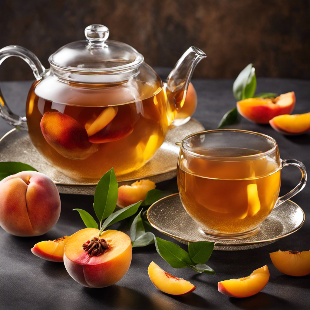 An image capturing the essence of a fruity non-grassy oolong tea: a clear, golden brew cascades from a teapot into a delicate glass cup, adorned with slices of fresh peaches, apricots, and vibrant citrus fruits