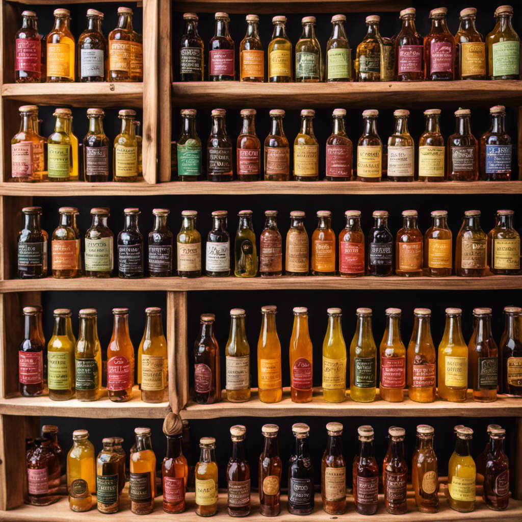 An image showcasing an inviting, rustic wooden shelf adorned with an array of vibrant, handcrafted Kombucha Tea bottles, each labeled with unique, eye-catching designs, representing the diverse and appealing choices in the market