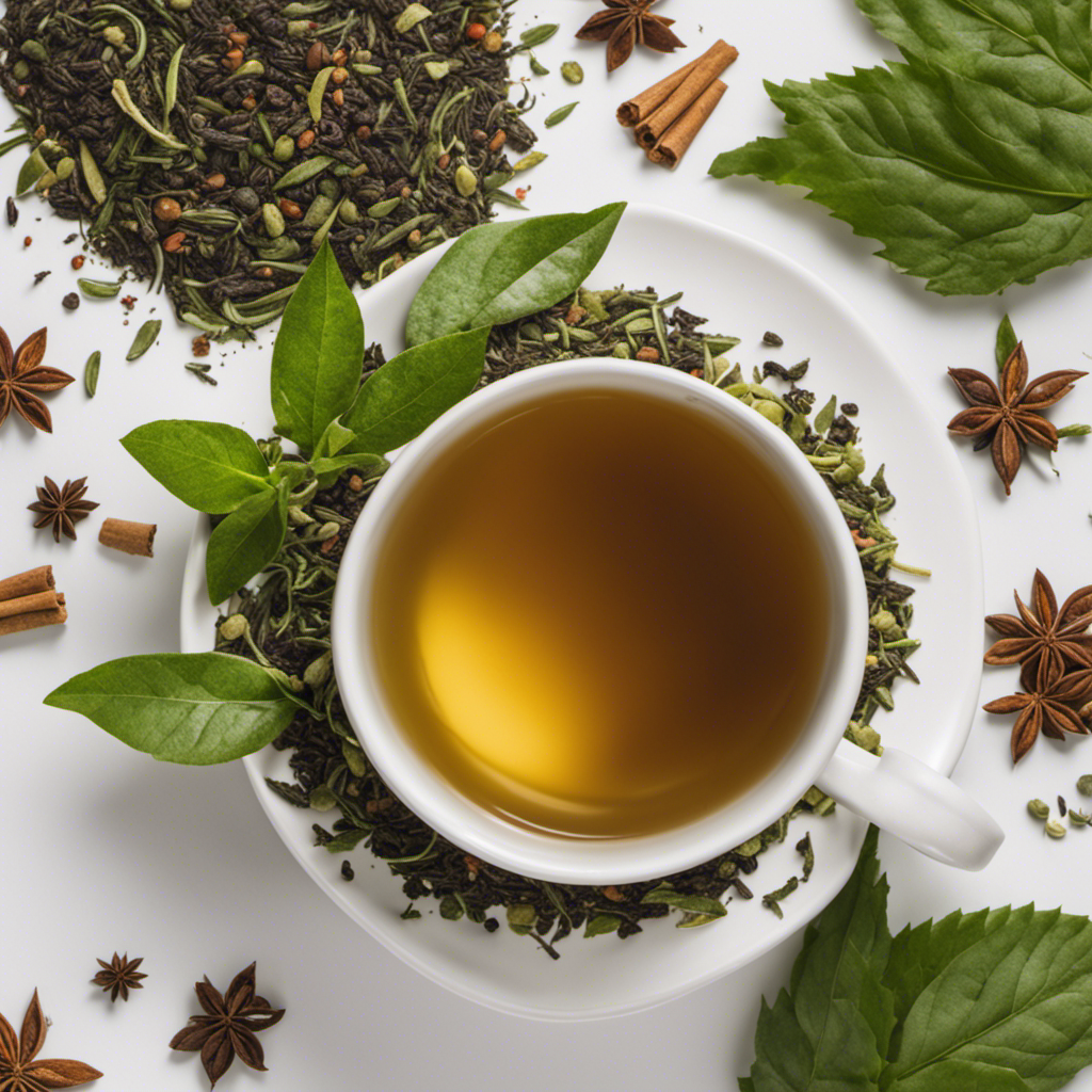 An image of a serene mug filled with steaming herbal tea, surrounded by vibrant green tea leaves and aromatic spices, inviting readers to explore the world of caffeine substitutes beyond coffee