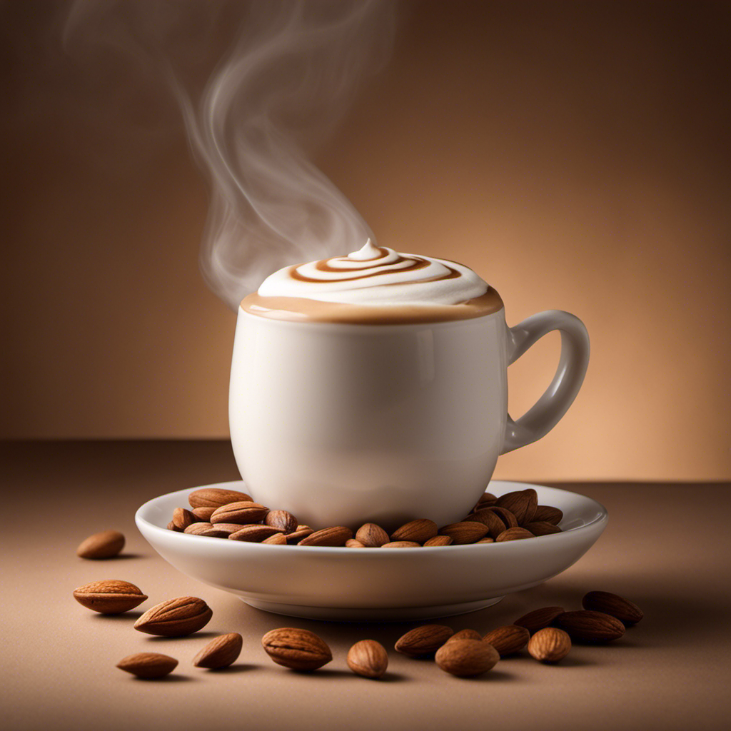 An image featuring a steaming cup of coffee with a swirl of rich, homemade almond milk creamer floating on its surface