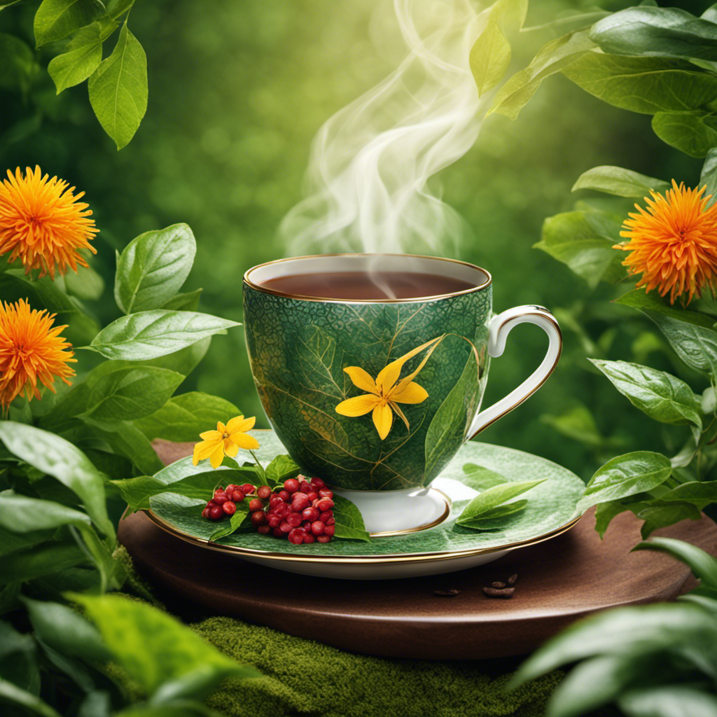 An image showcasing a steaming cup of deliciously rich, aromatic herbal tea