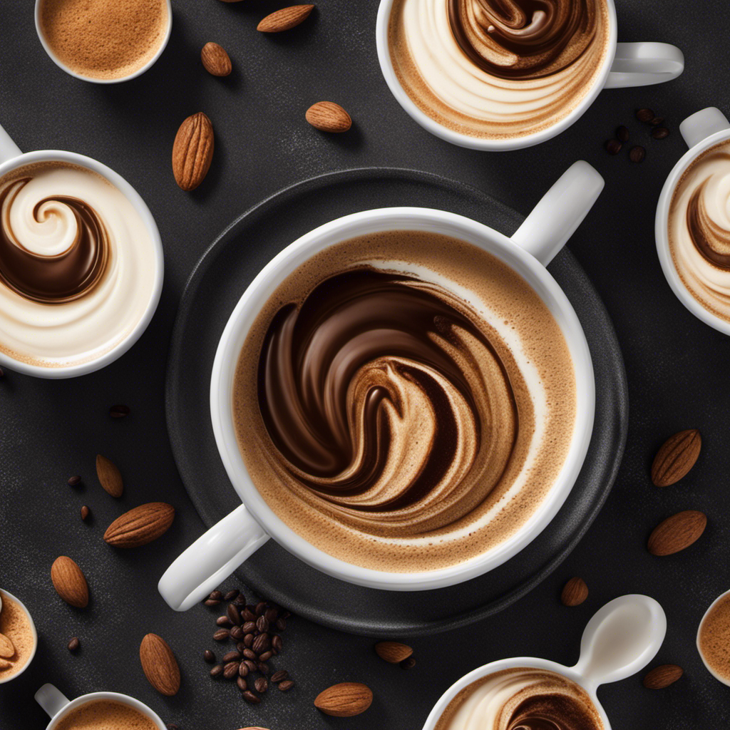 An image showcasing a steaming cup of coffee with a swirl of creamy, frothy almond milk, pouring gently into the dark liquid