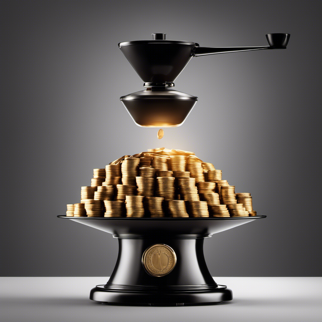 An image depicting a coffee roaster's profit margin, showcasing a scale with a stack of coins representing high profitability on one end and a diminishing stack representing low profitability on the other end
