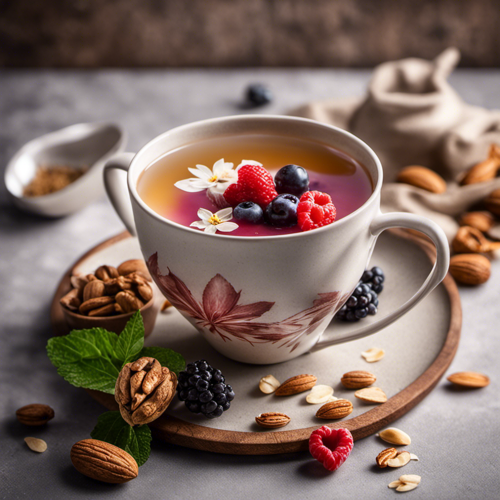 An image showcasing a steaming cup of herbal tea with a splash of almond milk, surrounded by heart-healthy ingredients like oatmeal, walnuts, and berries