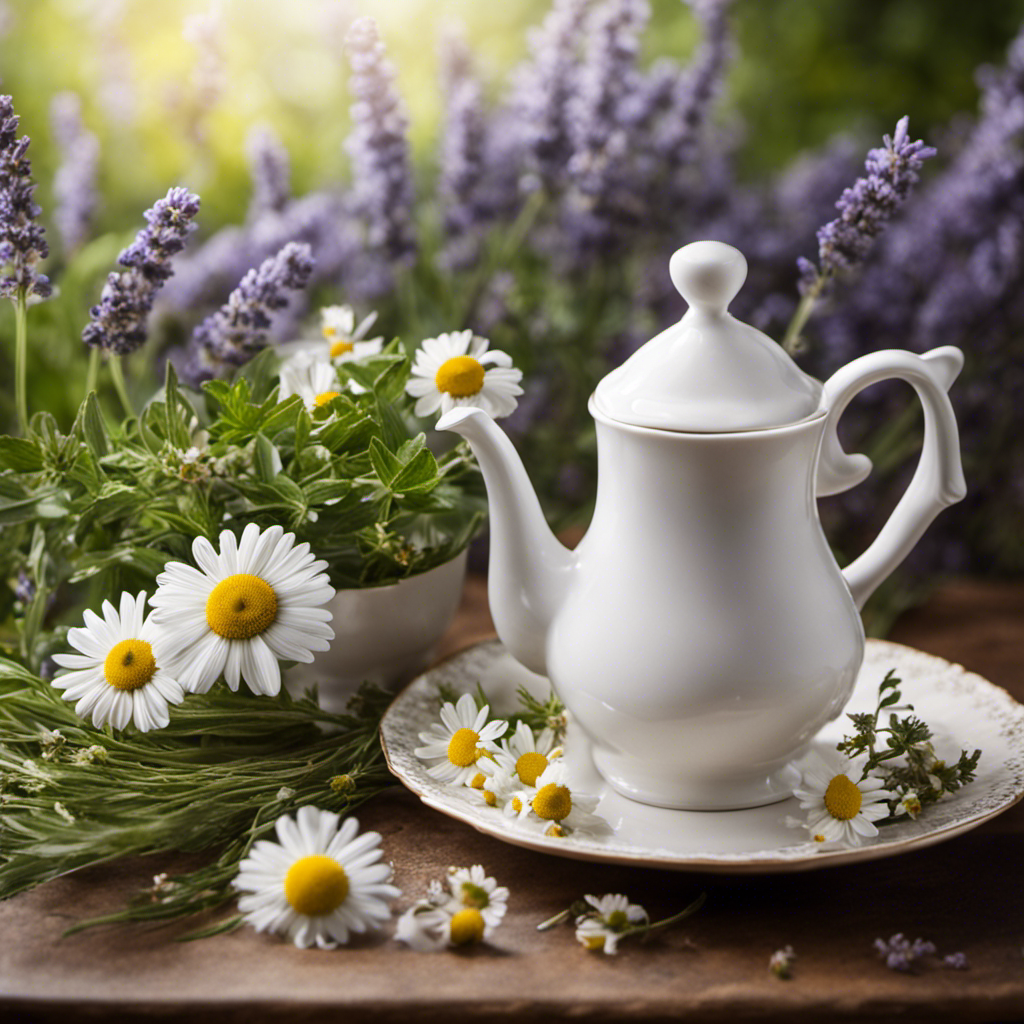 An image of a serene, rustic scene: a steaming cup of chamomile tea nestled beside a delicate porcelain teapot, surrounded by freshly picked peppermint leaves and soothing lavender blossoms, evoking calmness and a perfect alternative for IBS sufferers