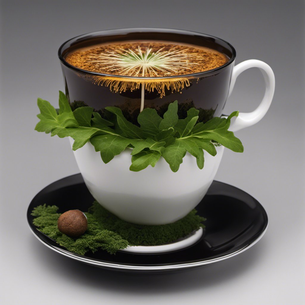 An image of a steaming cup filled with a rich, dark liquid made from roasted dandelion roots, with a delicate foam on top