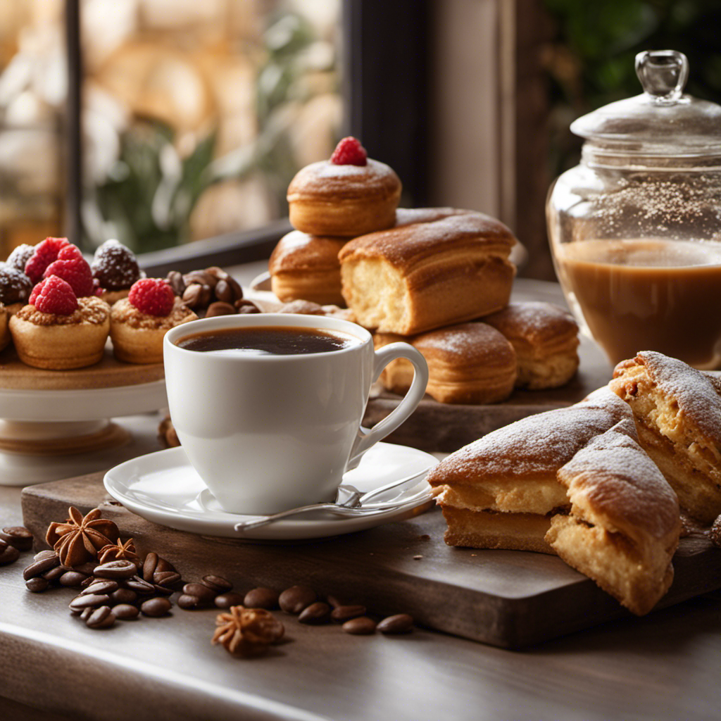 An image showcasing a cozy café scene with a steaming cup of artisanal coffee, rich in aroma and flavor, being poured into a delicate porcelain cup, surrounded by freshly baked pastries and a warm, inviting atmosphere