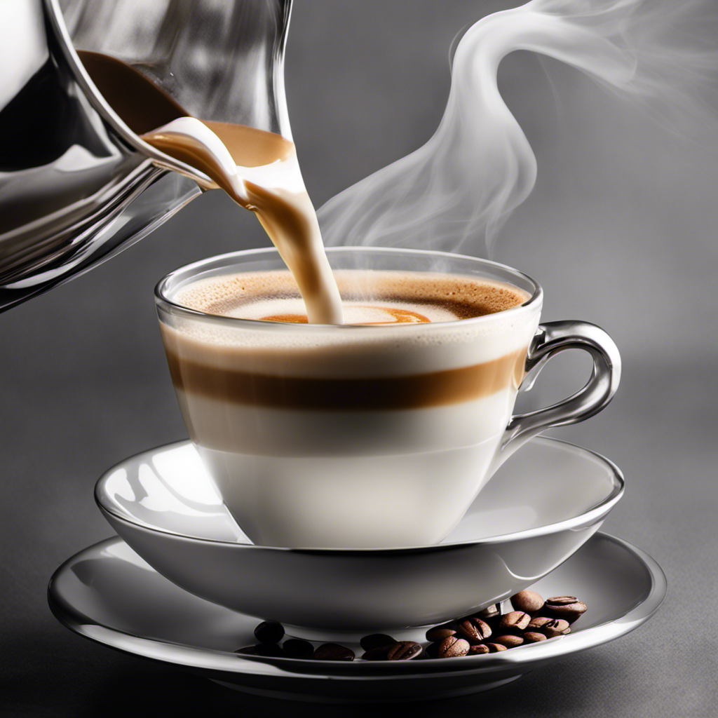 An image showcasing a steaming cup of coffee being poured with a smooth, velvety liquid from a jug