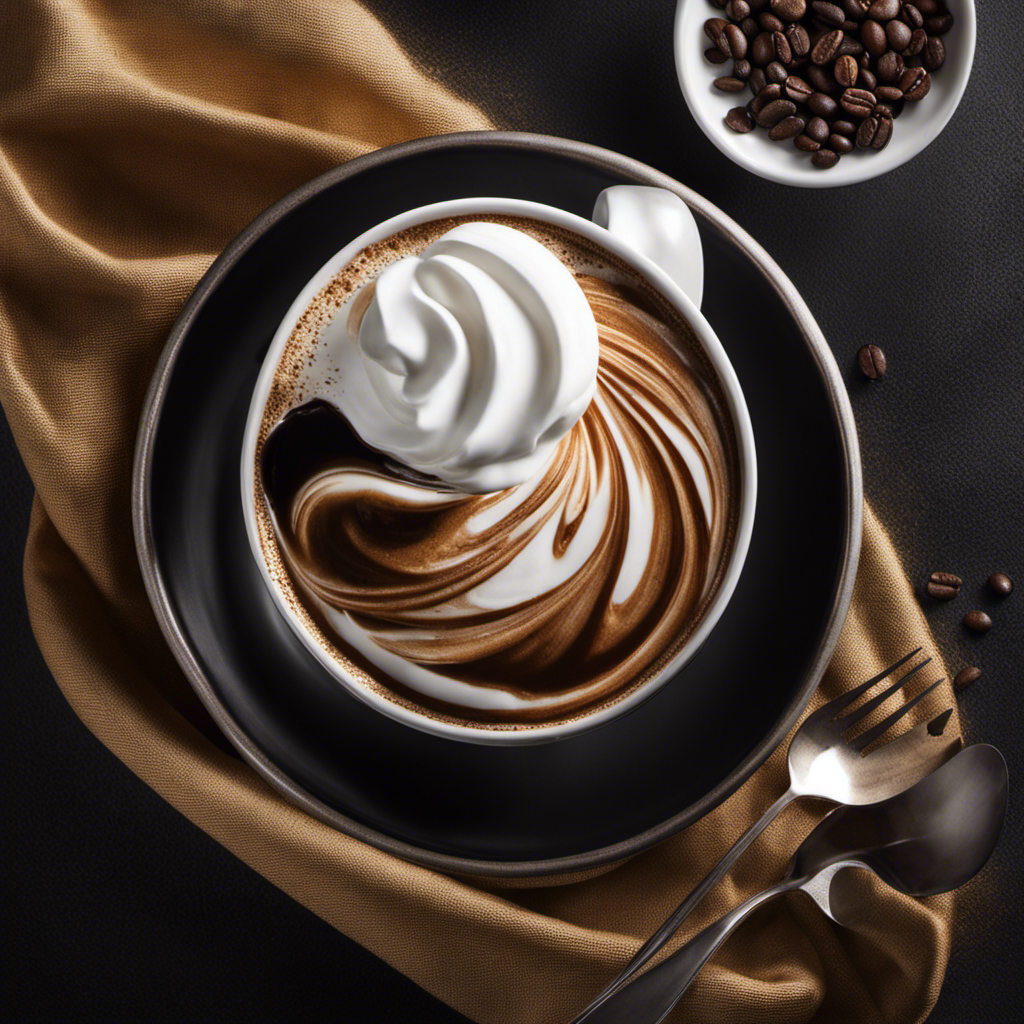 An image showcasing a steaming cup of coffee with a dollop of whipped coconut cream, beautifully swirling into the dark liquid, evoking a sense of rich creaminess and hinting at a perfect substitute