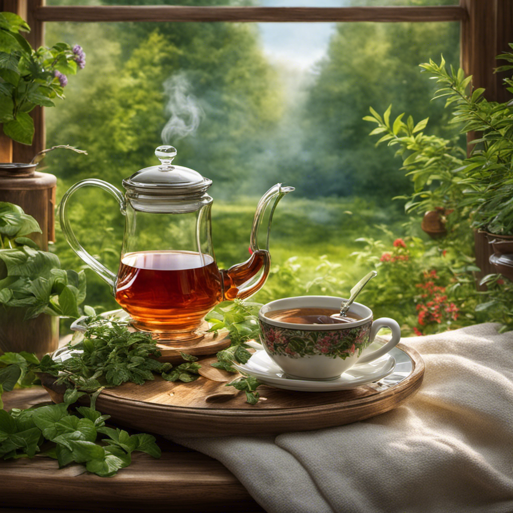 An image showcasing a serene morning scene with a steaming cup of herbal tea, surrounded by vibrant green plants and a cozy blanket, evoking a sense of relaxation and a satisfying alternative to coffee