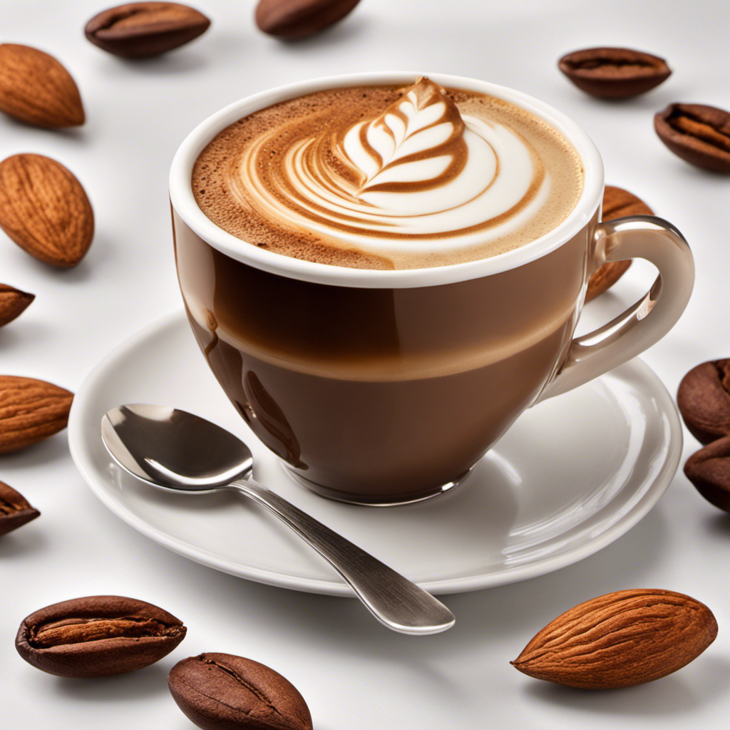 An image showcasing a steaming cup of coffee with a creamy swirl of almond milk, perfectly blended to create a velvety texture