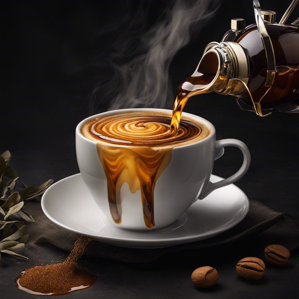 An image capturing a close-up of a steaming cup of coffee, adorned with a delicate swirl of honey