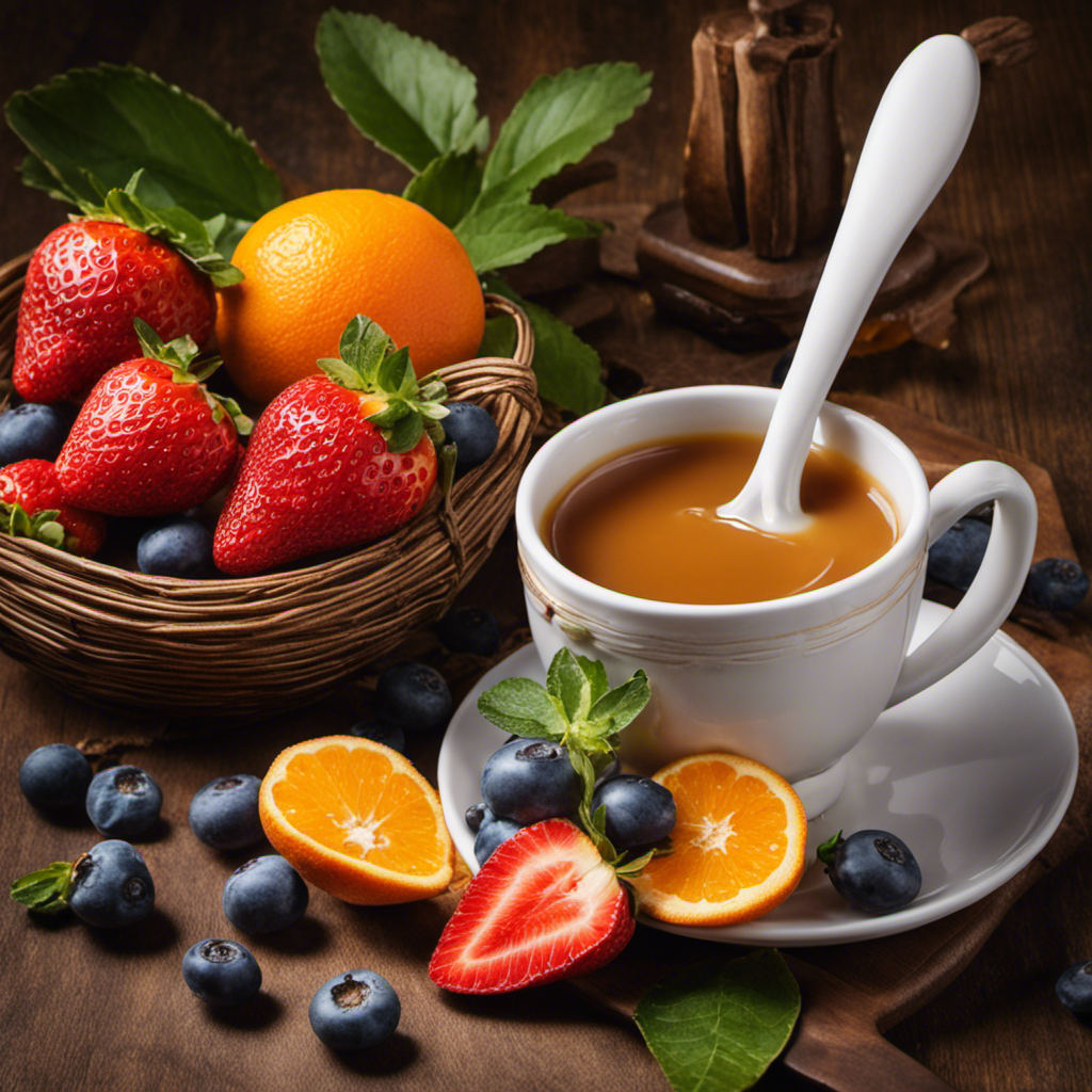 An image showcasing a steaming cup of coffee with a wooden spoon gently stirring in a spoonful of natural honey, surrounded by a vibrant assortment of fresh fruits like strawberries, blueberries, and oranges