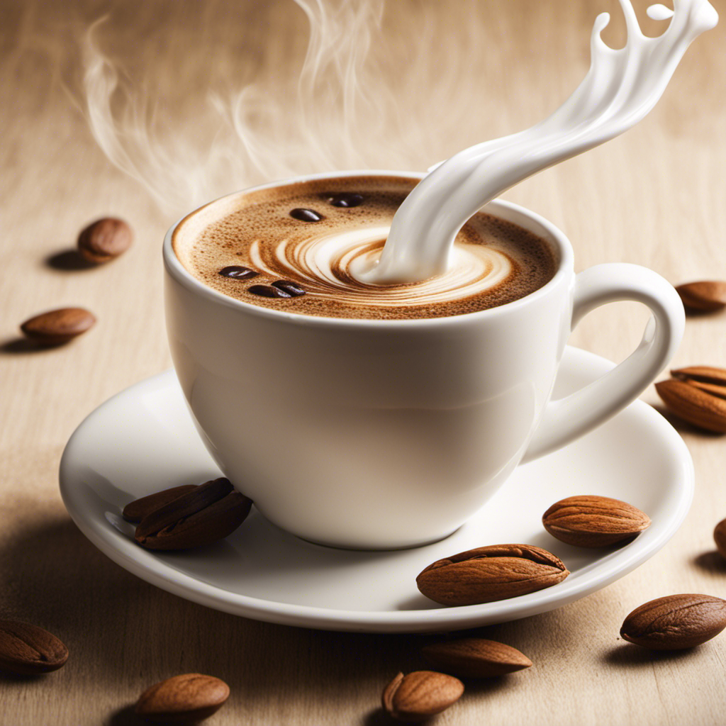 An image showcasing a steaming cup of coffee with a splash of almond milk swirling into it, resulting in a creamy, low-calorie alternative to traditional creamer