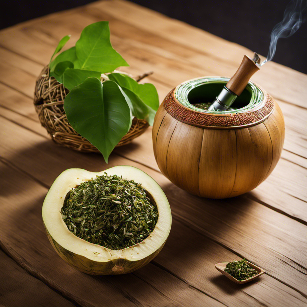 An image showcasing a traditional gourd filled halfway with vibrant green yerba mate leaves, accompanied by a small bamboo bombilla, delicately placed on a wooden table next to a glass of water