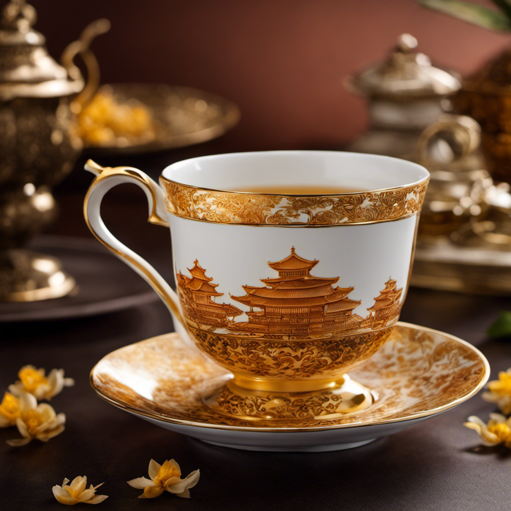 An image showcasing an elegant porcelain teacup filled with a vibrant amber-colored brew of Oolong tea