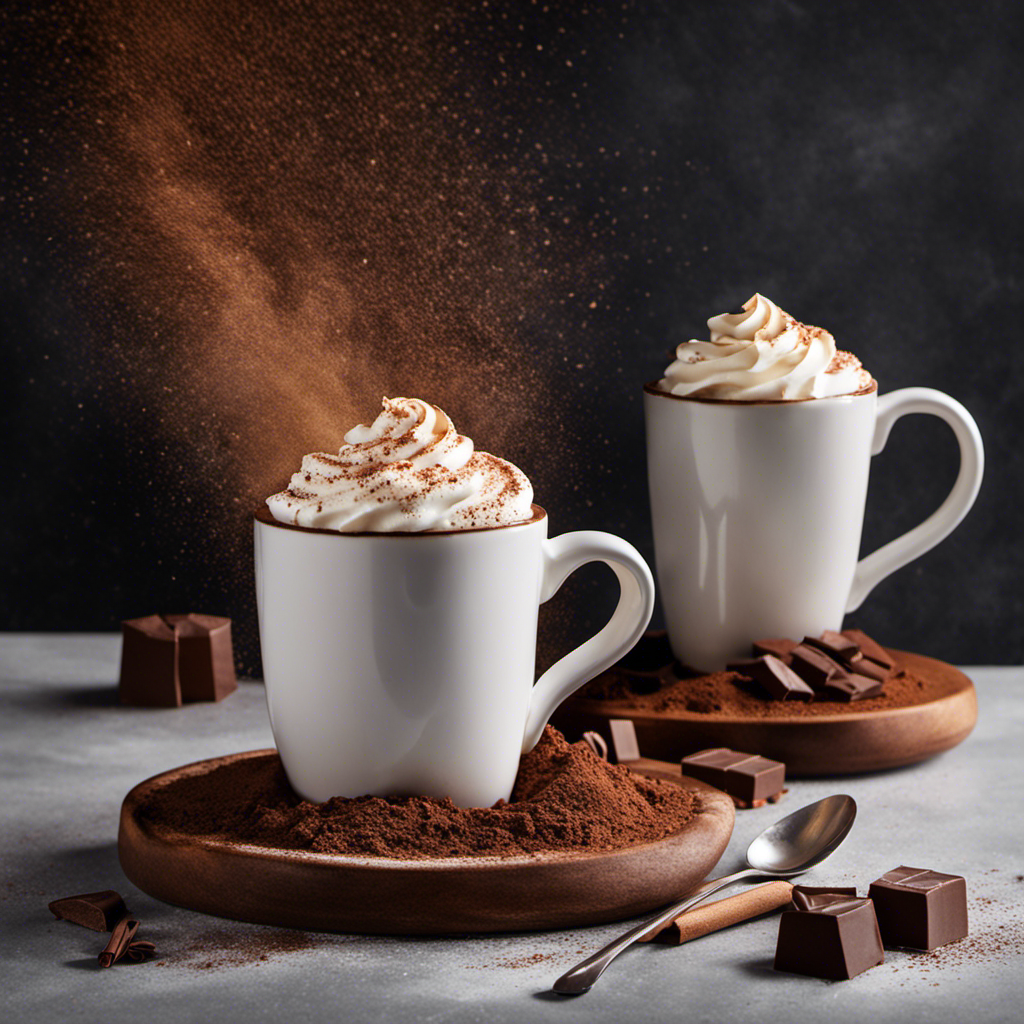 An image showcasing a steaming mug filled with rich, velvety hot chocolate, adorned with a swirl of whipped cream and a sprinkle of cocoa powder, inviting readers to discover a satisfying substitute for coffee