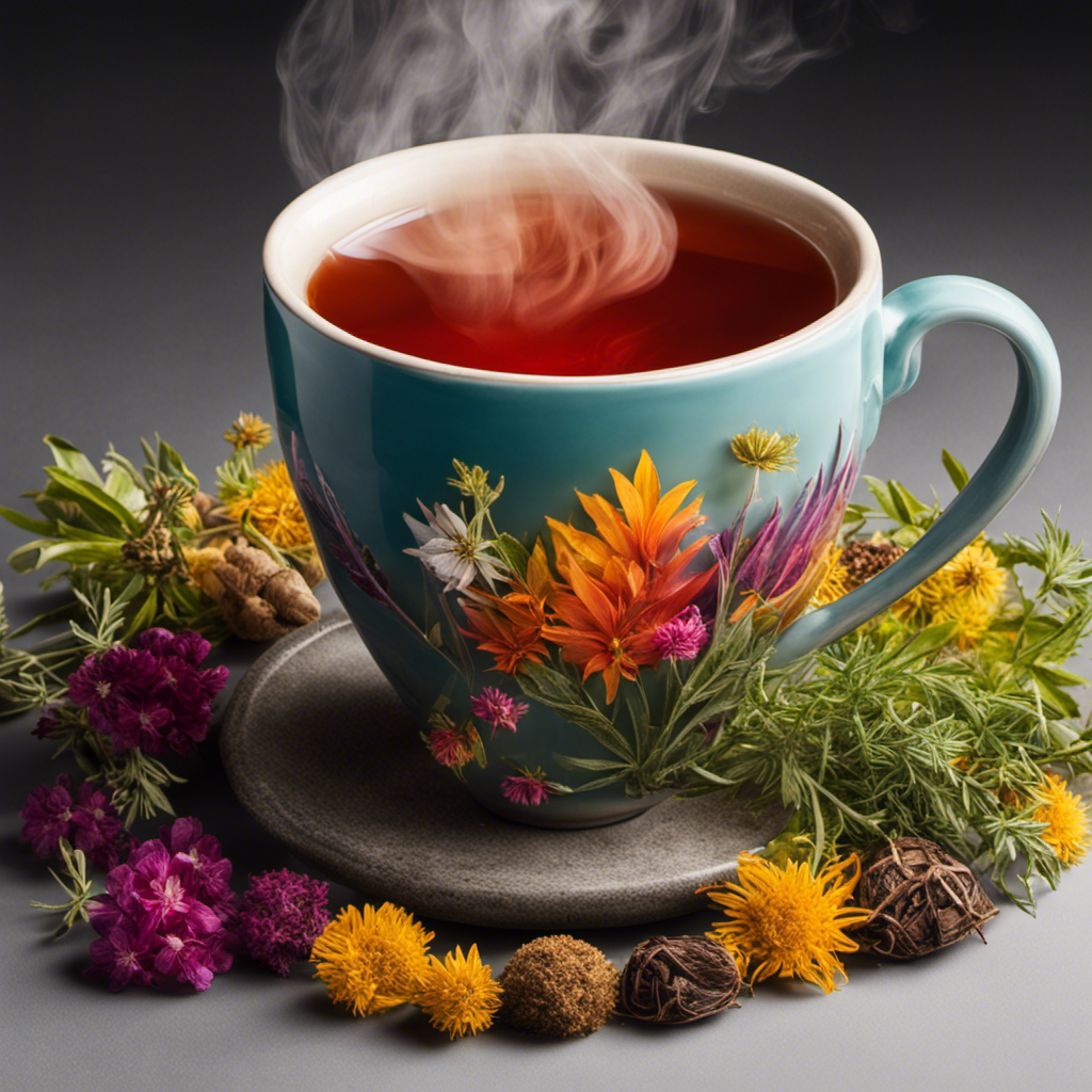 An image showcasing a steaming cup of herbal tea in a vibrant, deep hue, with aromatic wisps rising from it