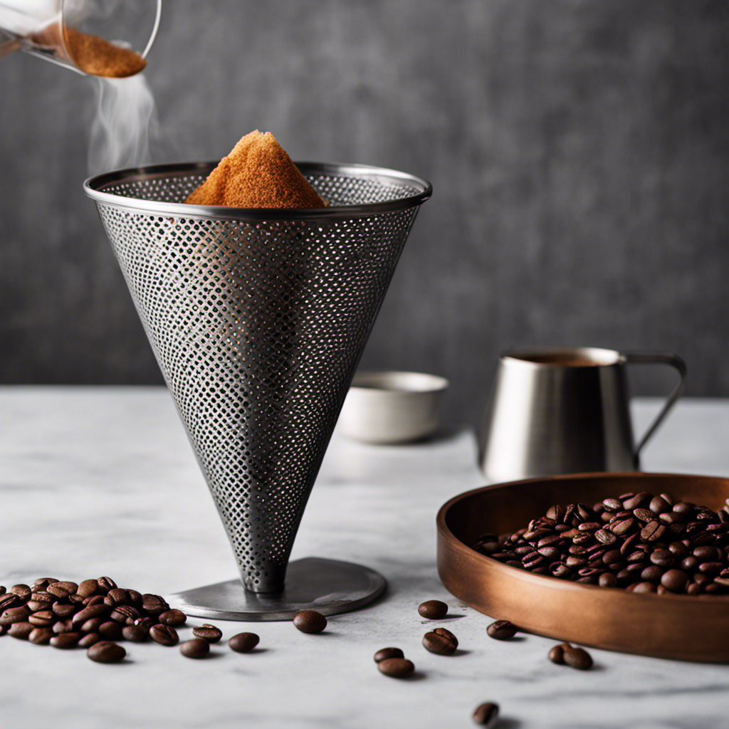 An image showcasing a homemade coffee filter alternative: a cone-shaped paper towel placed inside a metal strainer, allowing hot water to slowly filter through, capturing the essence of a perfect brew