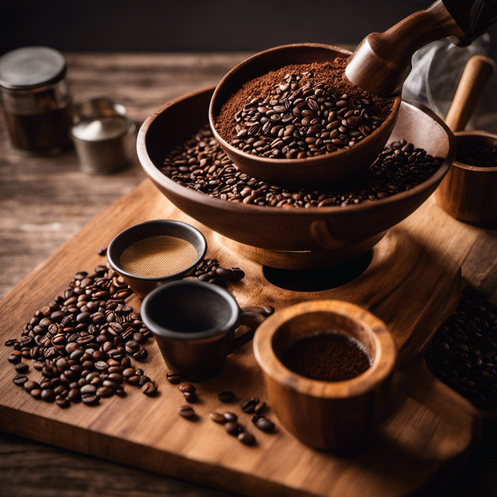 An image showcasing a rustic wooden pour-over coffee setup with a mesh sieve as a substitute for a paper filter