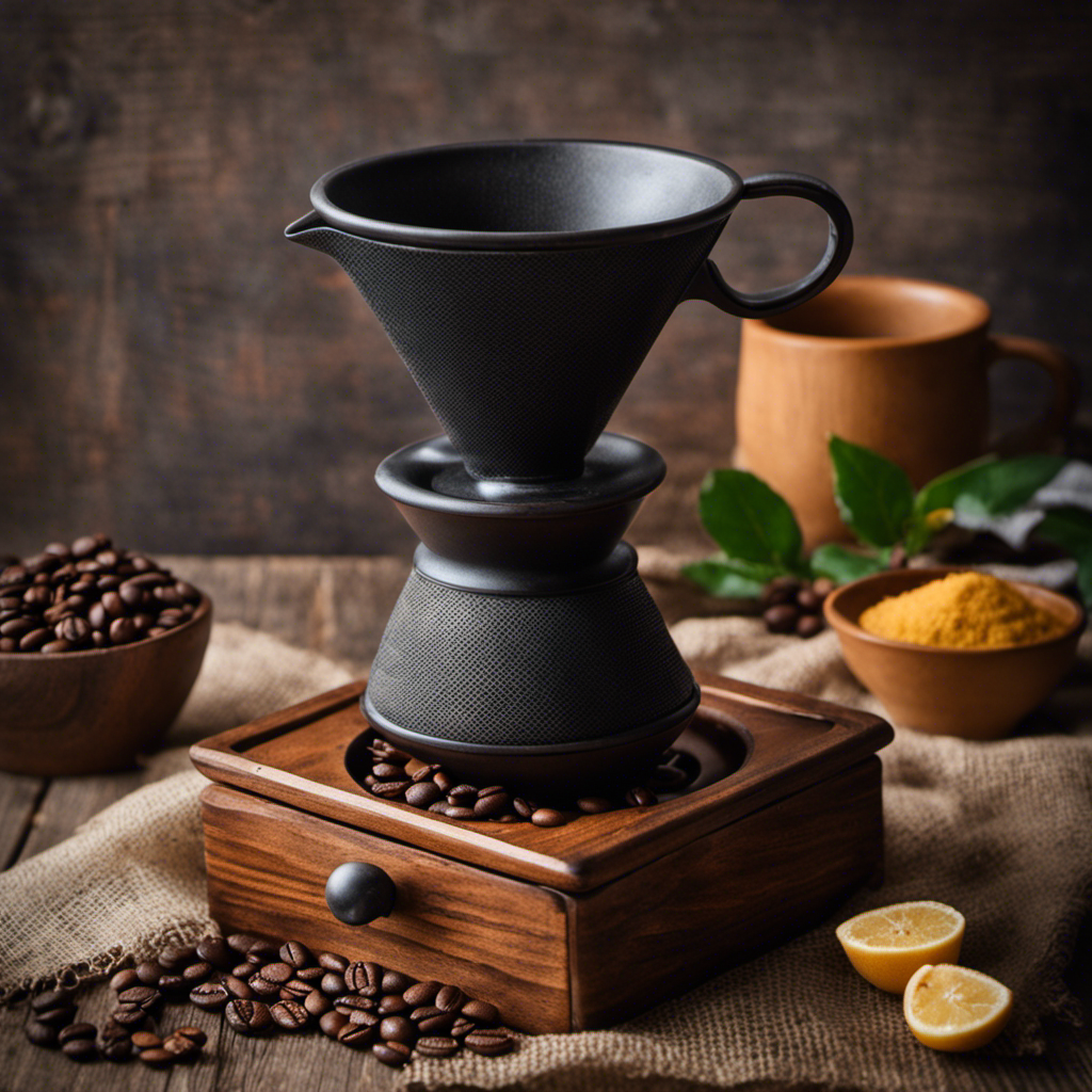 An image showcasing a rustic, wooden coffee dripper placed over a vintage, ceramic mug