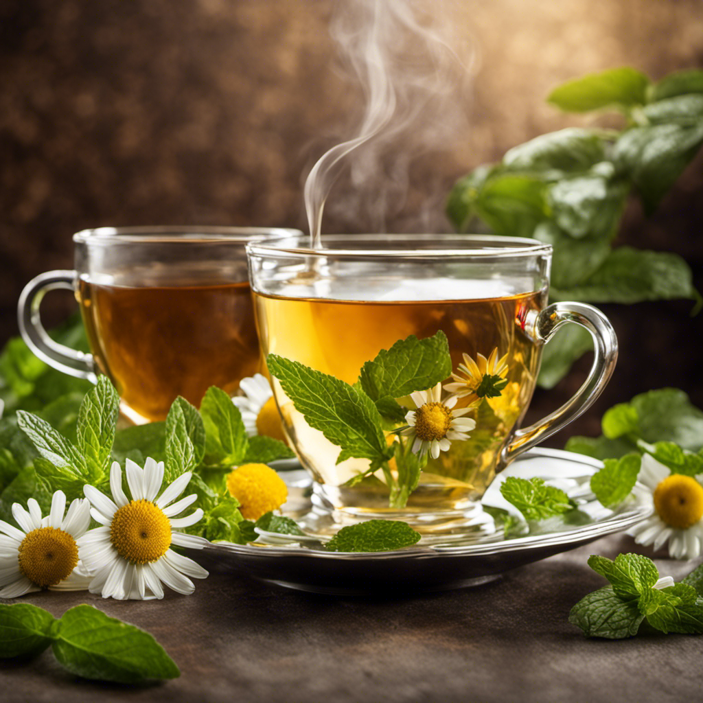 An image that showcases a steaming cup of herbal tea, gently infused with soothing chamomile flowers and fresh mint leaves, radiating a sense of warmth and comfort for those seeking a delicious substitute for coffee amidst stomach troubles