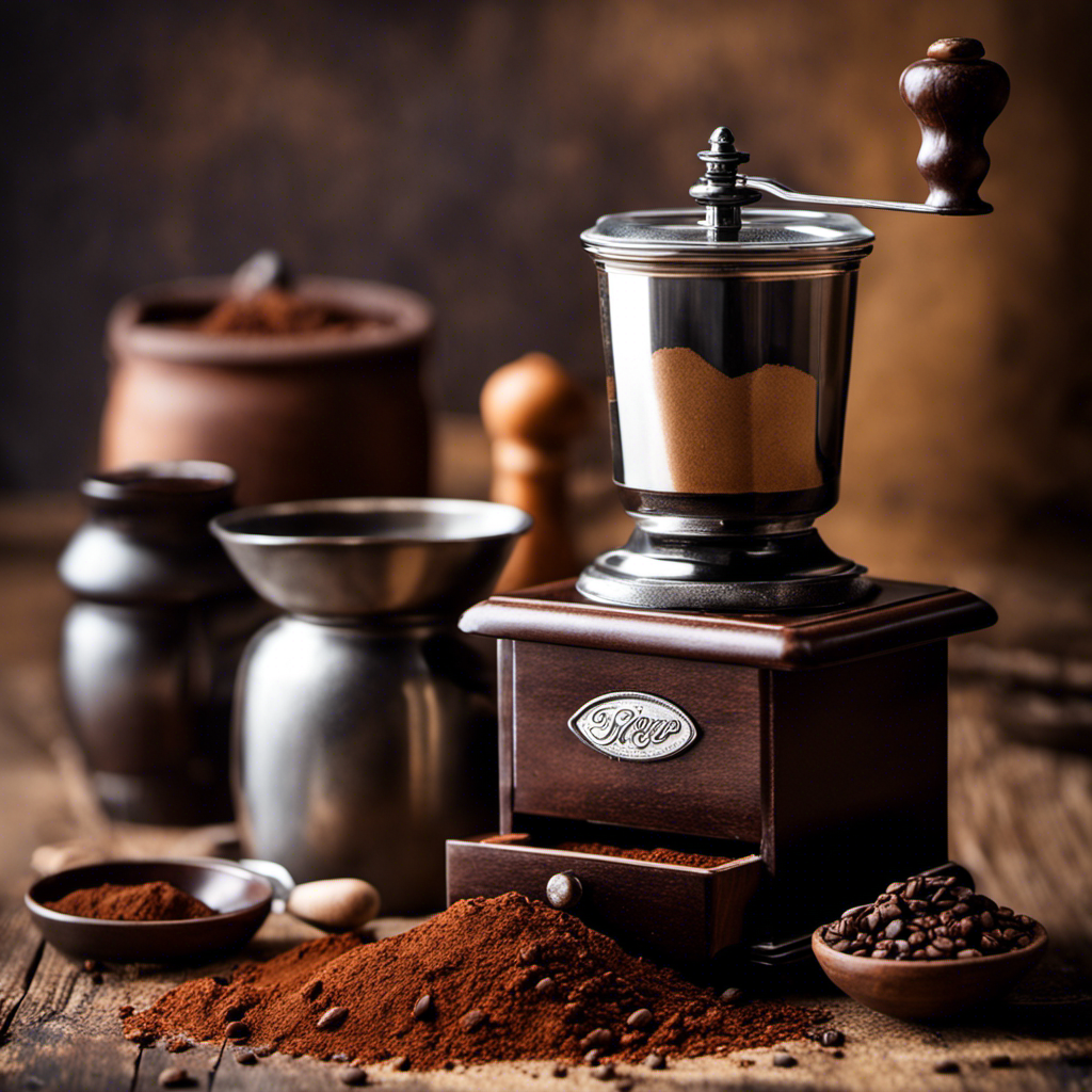 An image showcasing a rustic kitchen counter with a vintage coffee grinder, a vibrant pile of dark cocoa powder, and a jar filled with finely ground roasted chicory root, illustrating alternative options to espresso powder for coffee enthusiasts