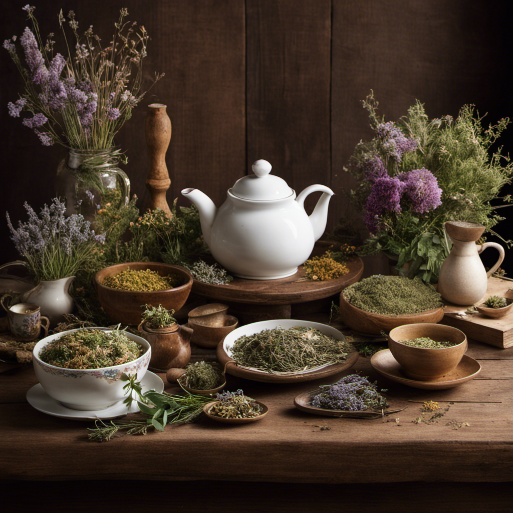 An image showcasing a serene, rustic wooden table adorned with an array of dried herbs and flowers