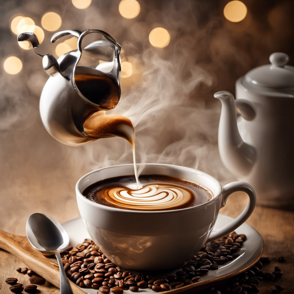 An image depicting a cup of coffee with a steaming swirl, beside it, a spoonful of white sugar substitute dissolving into the brew