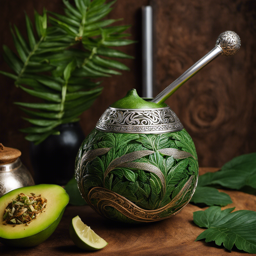 An image showcasing a traditional Yerba Mate cup made from a hollowed-out gourd, adorned with intricate carvings, filled with vibrant green mate leaves, and topped with a silver bombilla straw