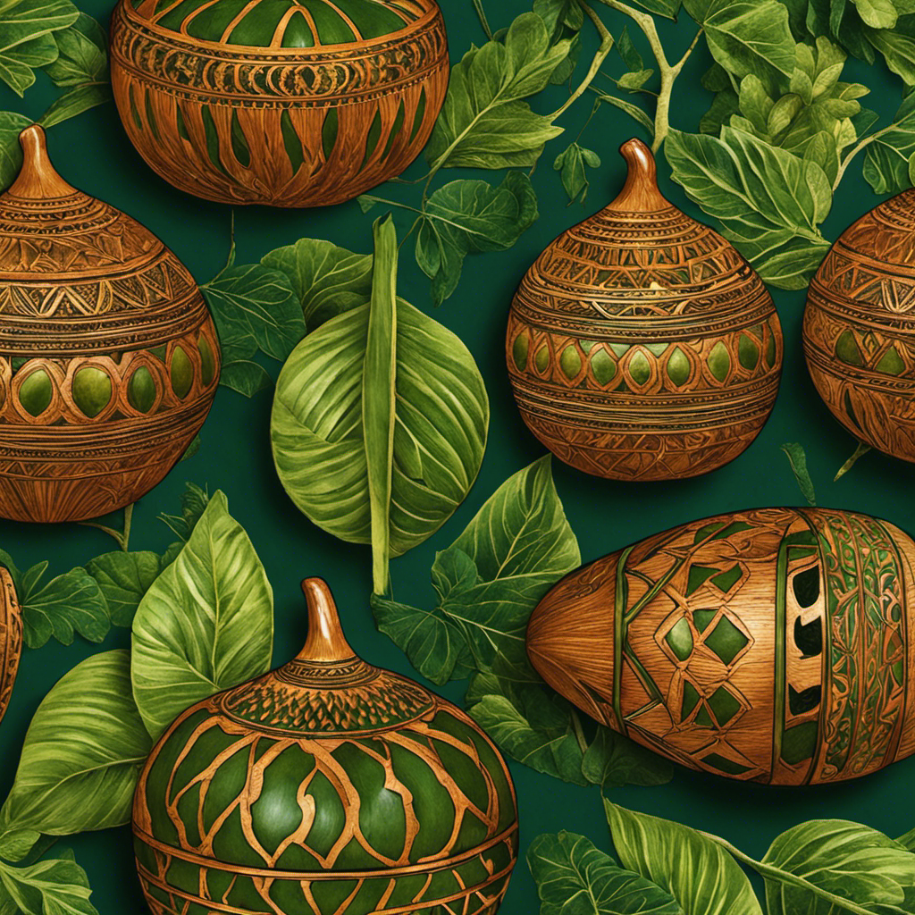 An image showcasing a beautifully crafted, hand-carved wooden gourd, adorned with intricate patterns and a delicately curved metal straw, surrounded by vibrant green yerba mate leaves and filled with a steaming, aromatic infusion