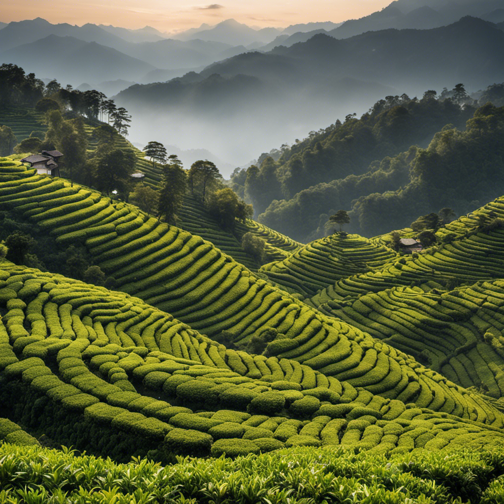 An image of a serene mountain landscape at sunrise, showcasing terraced tea plantations on steep slopes