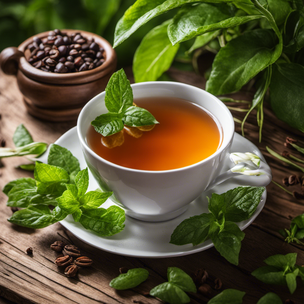 An image showcasing a serene morning scene with a cup of hot herbal tea placed on a wooden table, surrounded by vibrant green plants and a bowl of fresh fruits as a wholesome alkaline substitute for coffee