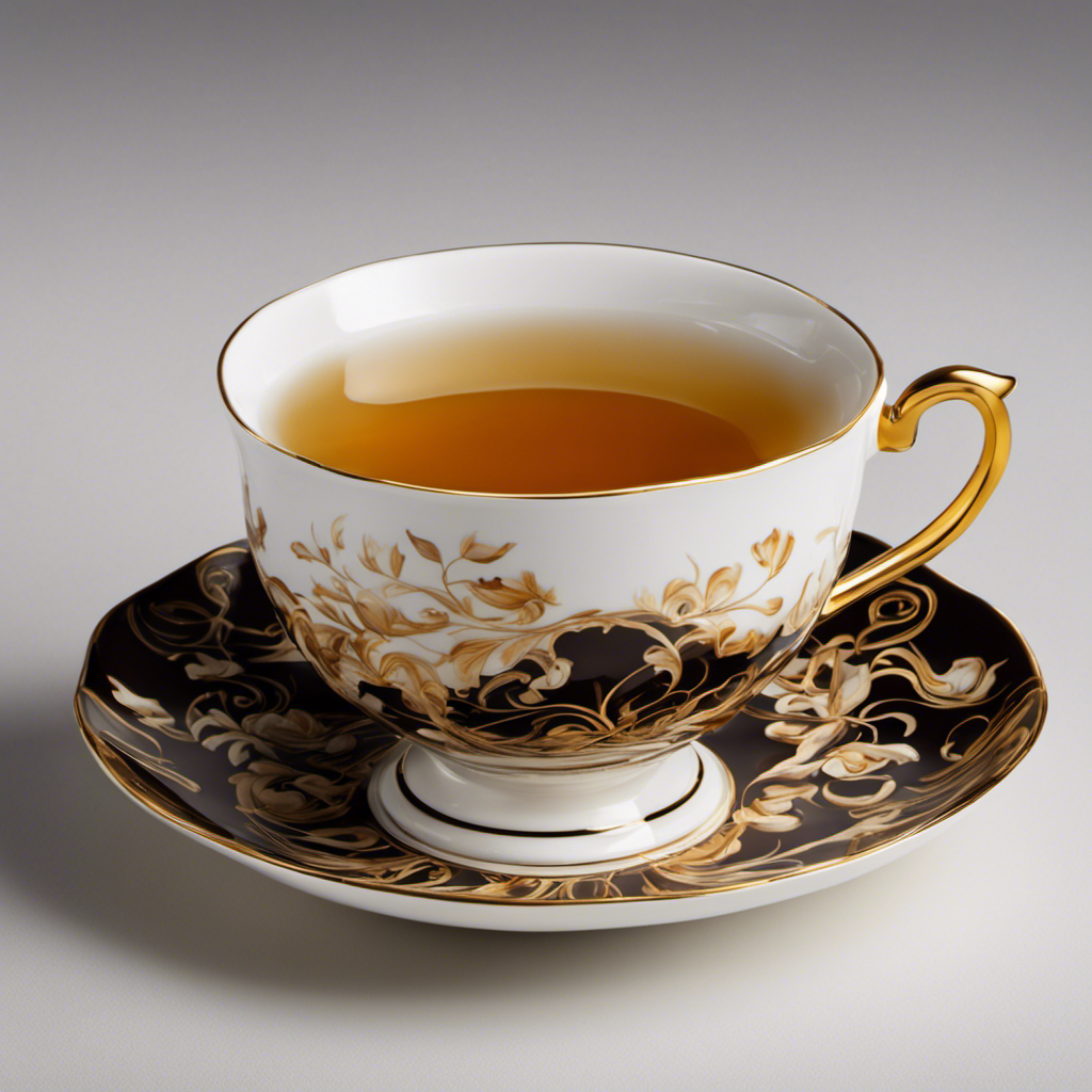 An image showcasing a delicate porcelain teacup filled with steaming almond oolong tea