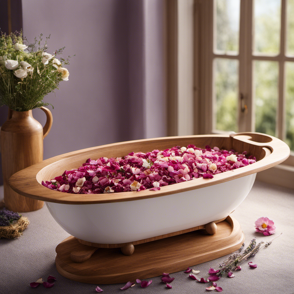 An image showcasing a serene bathroom scene, with a wooden bathtub filled with steaming herbal tea