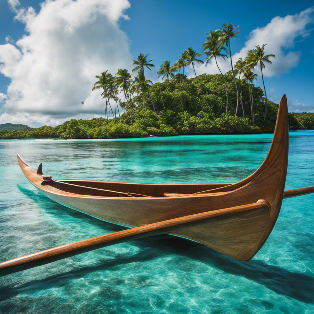 An image that showcases the sleek silhouette of an outrigger canoe gliding effortlessly across turquoise waters, with its slender hull, long outrigger, and paddlers in perfect synchrony, capturing the essence of this iconic Pacific Islander watercraft