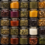 An image showcasing a variety of loose tea leaves, including black, green, and white teas, alongside a glass jar filled with fermenting Kombucha