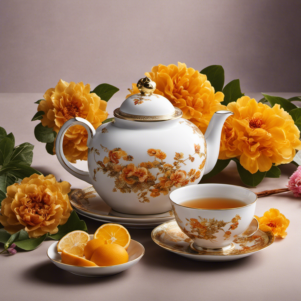 An image that showcases the delicate amber-hued infusion of Oolong tea, contrasted against an exquisite porcelain tea set, while a vibrant bouquet of aromatic herbs and fruits entices nearby, embodying the allure of a tantalizing alternative