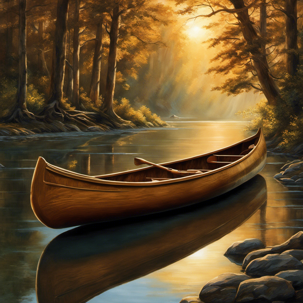 An image that showcases a serene river scene, with a brown canoe gracefully gliding through the calm water