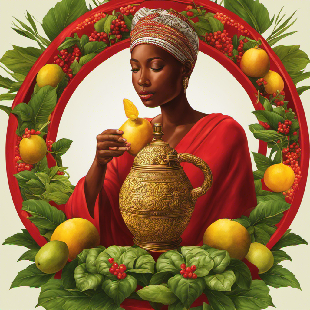 An image showcasing a person confidently sipping Guayaki Yerba Mate from a traditional gourd, surrounded by lush green leaves and vibrant red berries