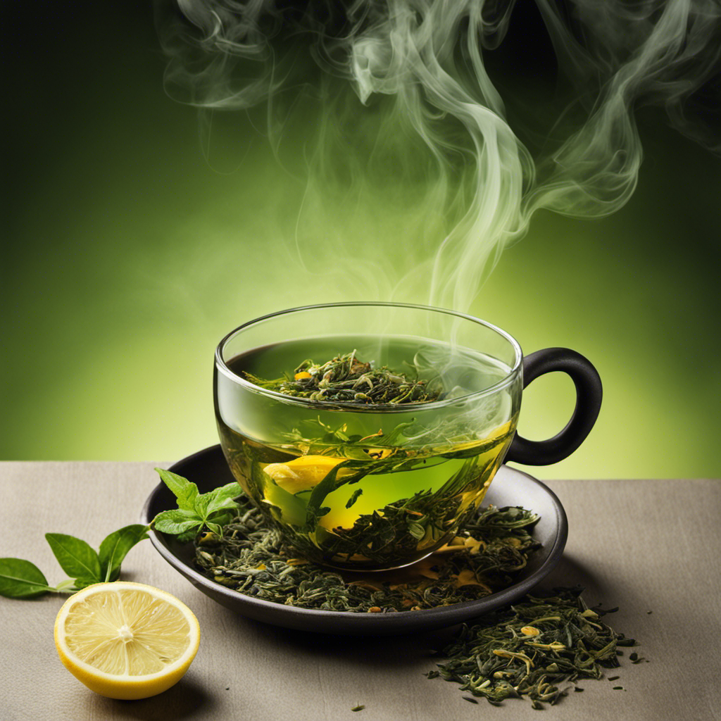 An image featuring a close-up view of a steaming cup of herbal tea, with vibrant green tea leaves and dried herbs submerged in the hot liquid
