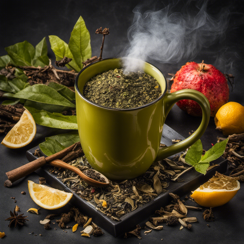 An image showcasing a steaming cup of Yerba Mate, tainted by moldy leaves and bitter twigs, surrounded by discarded tea bags and spoiled fruits, representing the various factors that can make Yerba Mate taste unpleasant